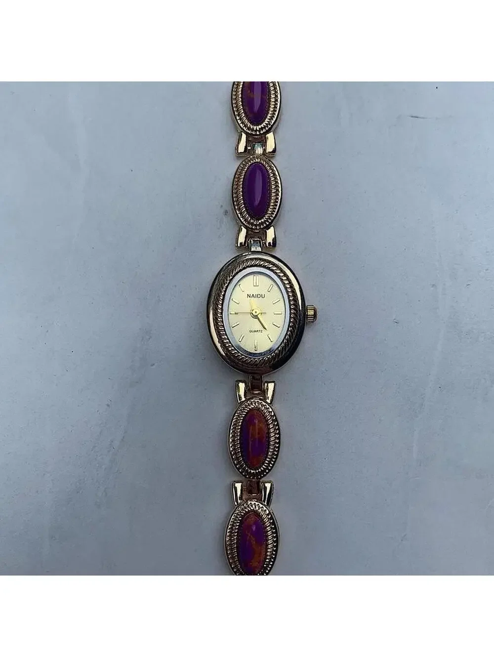 Y2k style Dainty cute Gold style tone quartz watch with purple jade stone opal